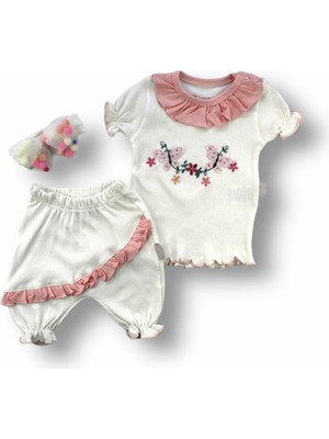 6-9 9-12 12-18 Ay Çiçek Nakışlı Roman Şalvar Bandanalı Kısa Kollu Sweat 3lü Kız Bebek Takımı Pudra