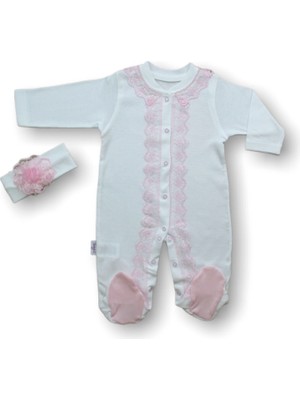 3-6 6-9 Ay Dantelli Boydan Çıtçıtlı Bandanalı Patikli Uzun Kollu Kız Bebek Tulumu Ekru