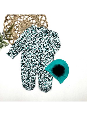 0-3-6-9 Ay Leopar Baskılı Tam Boy Çıtçıtlı Patikli Güllü Boneli Kız Bebek Tulumu Turkuaz