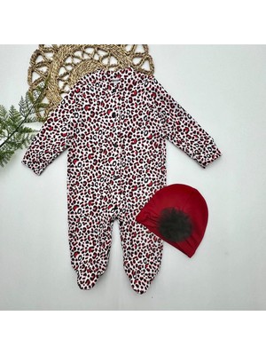 0-3-6-9 Ay Leopar Baskılı Tam Boy Çıtçıtlı Patikli Güllü Boneli Kız Bebek Tulumu Bordo
