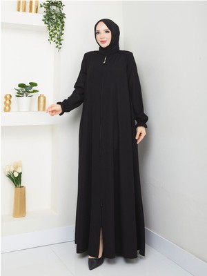 Siyah Fermuarlı Cepli Salaş Medine Ipeği Mevlana Ferace