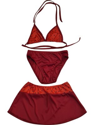 Çağrı Mayo Kırmızı Karpuz Desenli Kız Çocuk Etekli Bikini Takımı