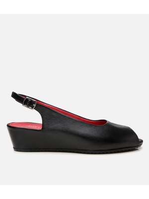 Hotiç 01SAH306370A100 KADIN Deri Siyah Esnek Dolgu Topuklu Sandalet