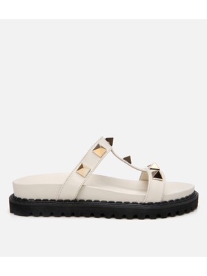 Hotiç Kadın Deri Ekru Taşlı Terlik