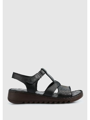 Siyah Deri Kadın Konfor Sandalet