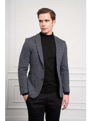Morven  Erkek Gri Örme Slim Fit Dar Kesim Mono Yaka Ceket