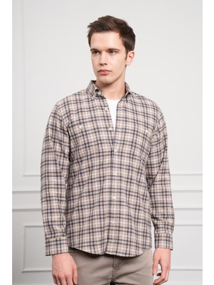 Morven  Erkek Vizon Kışlık Düğmeli Yaka Regular Fit Gömlek