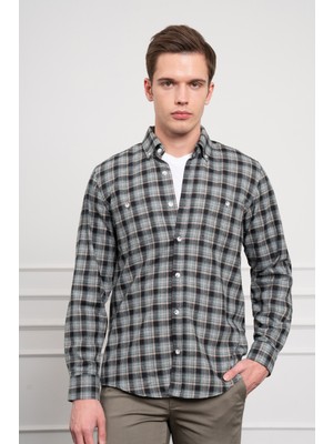 Morven  Erkek Haki Kışlık Düğmeli Yaka Regular Fit Gömlek