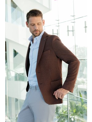 Morven  Erkek Kiremit Örme Slim Fit Torba Cep Mono Yaka Spor Ceket