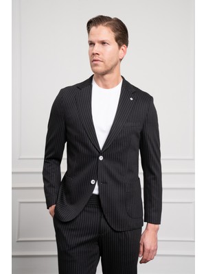 Morven  Erkek Siyah Örme Slim Fit Mono Yaka Takım Elbise Dar Kesim