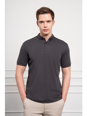 Morven  Erkek Siyah Trend Merserize Düz Düğmeli Yaka Dynamic Fit T-Shirt