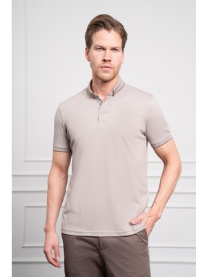 Morven  Erkek Bej Trend Merserize Düz Düğmeli Yaka Dynamic Fit T-Shirt