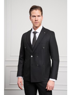 Morven  Erkek Siyah Trend Kruvaze Slim Fit Dar Kesim Sivri Yaka Takım Elbise