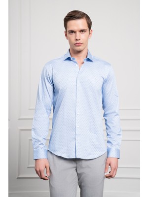  Erkek A. Mavi Pamuk Baskılı Desenli  Italyan Yaka Slim Fit Gömlek