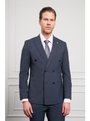  Erkek Lacivert Trend Slim Fit Sivri Yaka Kruvaze Takım Elbise