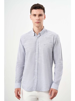 Erkek Gri Pamuk Çizgili-Panolu Italyan Yaka Slim Fit Gömlek