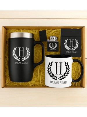 Bk Gift Kişiye Özel Isimli Siyah Termos Mug & Kupa & Sigara Kutusu & Çakmak Hediye Seti-1 | Babalar Günü Hediyesi, Erkeklere Özel Hediye