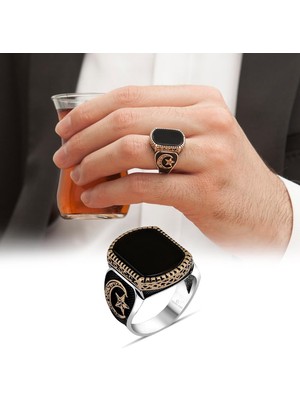 Oniks Taşlı Ayyıldız Desenli Gümüş Erkek Yüzük