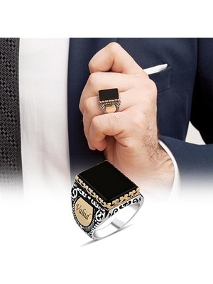 Kare Siyah Oniks Taşlı Isimli Gümüş Erkek Yüzük