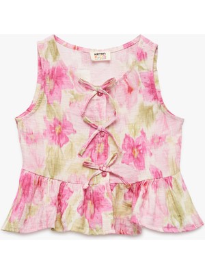 Koton Viskon Kolsuz Bisiklet Yaka Çiçekli Fiyonklu Bluz