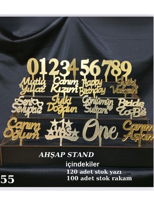 Bkmc Gold Pleksi Ahşap Stand 120 Adet Pasta Yazısı 100 Adet Rakam Pileksi