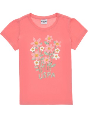U.S. Polo Assn. Kız Çocuk Pembe Bisiklet Yaka Payet Çiçek Baskılı Pamuk Tişört 50300968-VR041