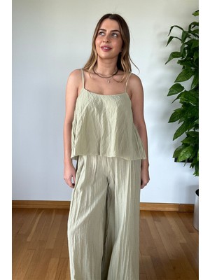 Yeni Sezon Yeşil Askılı Yazlık Takım Bol Paça Palazzo Pantolon Rahat Şık Kombin Tatil Bohem Stil