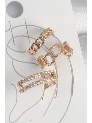 Pirinç Gold Renk Zirkon Taşlı Kare Zincir Model Kadın Kıkırdak Küpe - EBJ250522W34206