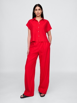 Kadın Kırmızı Keten Karışımlı Easy Wide Leg Pantolon