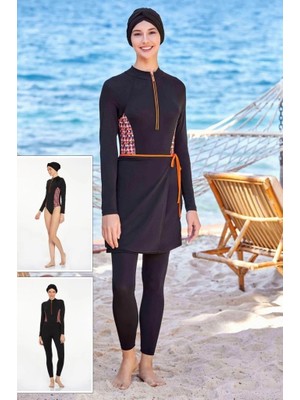 Adasea Lupıta 4535 Siyah 3 Farklı Şekilde Giyilebilir Likralı Tam Kapalı Tesettür Mayo