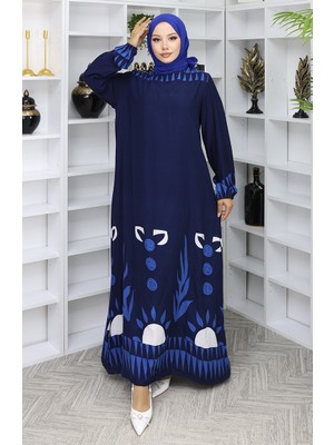 Sefa Merve Kolu Lastikli Desenli Elbise 0084-01 Lacivert