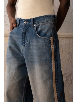 Hasır Şeritli Mavi Jean