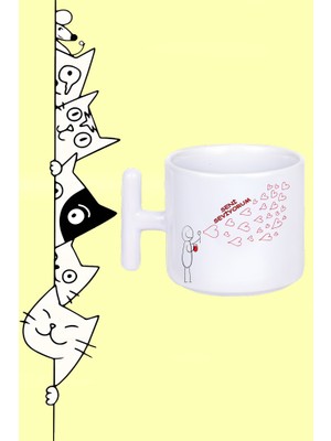 Seni Seviyorum Kalp Balonları Tasarım Baskılı Beyaz T Sap Kupa Bardak