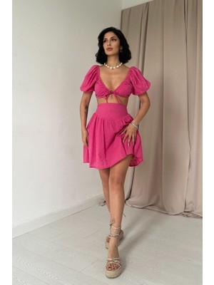 Nidam Butik Fuşya Brode Crop ve Mini Etek Takım