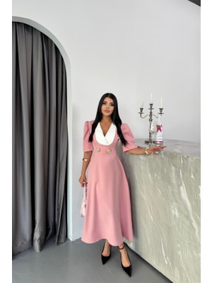 Passense Tasarım Elbise Ceket Yaka Gold Düğme Detaylı Kısa Kol - Pudra