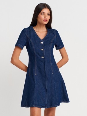90558 V Yaka Kısa Kollu Denim Elbise-Mavi