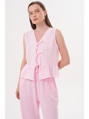 Kadın Pembe Önü Bağlamalı Kolsuz Eteği Fırfırlı Muslin Bluz