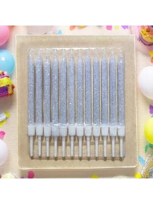 Doğum Günü Pasta Mumu Gümüş 12 Adet Simli  Mum 10 cm Kutlama Mumu