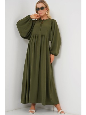 Passense Balon Kol Uzun Tesettür Elbise 2464 - Haki