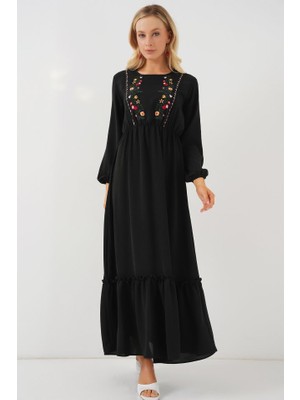 Passense Nakışlı Uzun Tesettür Elbise 2550 - Siyah