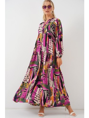 Alinn Butikk 2423 Otantik Desenli Tesettür Elbise - H. Haki