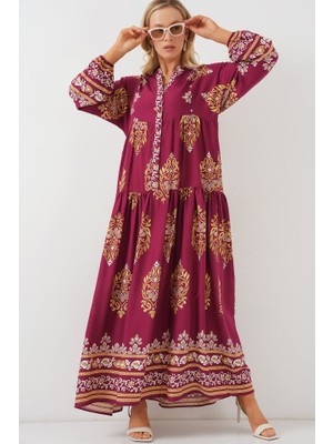 Alinn Butikk 2423 Otantik Desenli Tesettür Elbise - Z.bordo