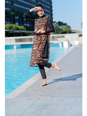 Rukomayo Siyah  Etnik Desenli Yan Bağlamalı Esnek Şifon Kumaş Pareo