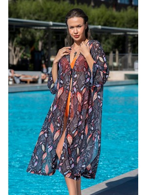 Rukomayo  Siyah Yaprak Desenli Önden Bağlamalı Esnek Şifon Kumaş Elbise Pareo