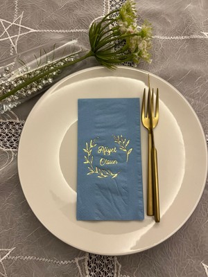 Kidspartim Gold Yaldızlı Mavi Afiyet Olsun Çiçekli Çelenk Garson Peçete 16 Adet