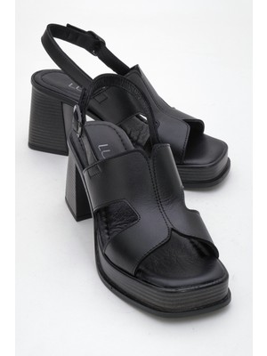 Kevın Siyah Cilt Hakiki Deri Kadın Platform Topuklu Sandalet