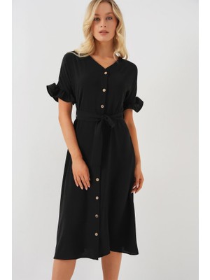 Passense Kısa Kol Düğmeli Elbise 2555 - Siyah