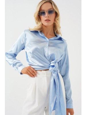 Passense Bağlamalı Uzun Kol Saten Gömlek 20287 - Mavi