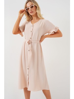 Passense Kısa Kol Düğmeli Elbise 2555 - Krem