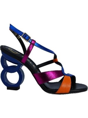 Poletto  Hakiki Deri Sax Mavı-Turuncu-Fusya-Sıyah Sandalet Topuklu 6564 220
